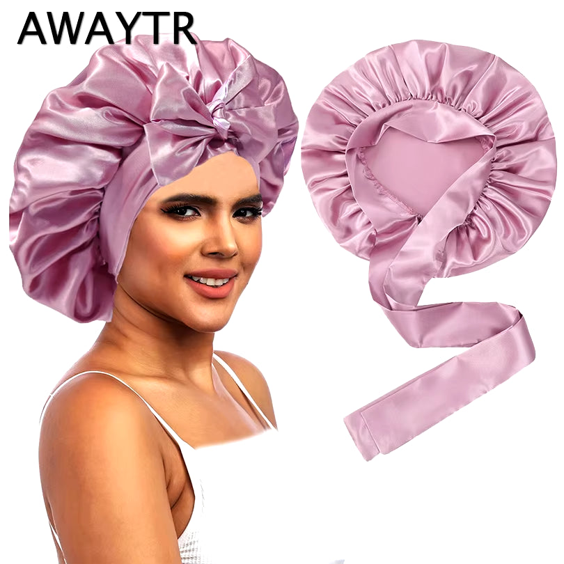 New Double Layer Satin Bonnet with Wide Stretch Ties Long Hair Care Women Night Sleep Hat Adjustable Hair Styling Cap Shower Cap