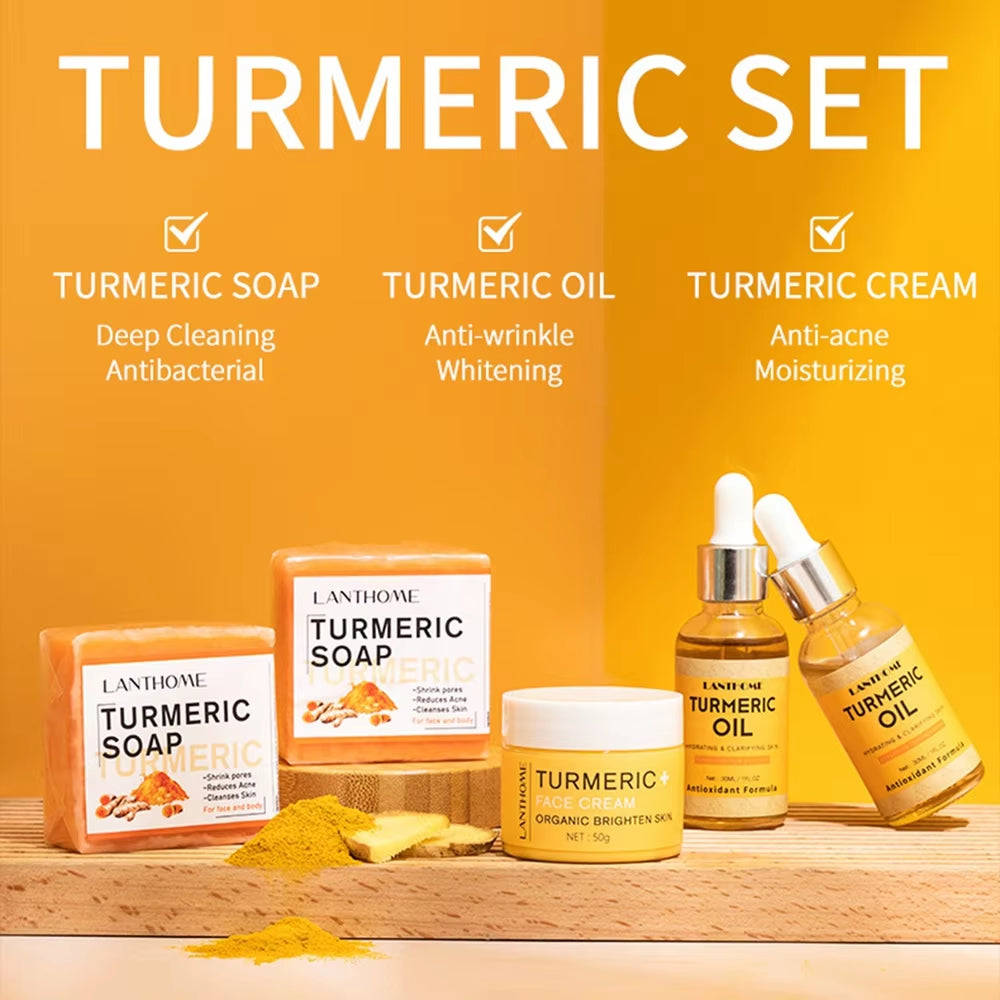 3Pcs/Set Turmeric Oil + Soap + Face Cream Essence Nourish Smooth Natural Organic Moisturizing Pores Shrink Soft Deep Clean Kits