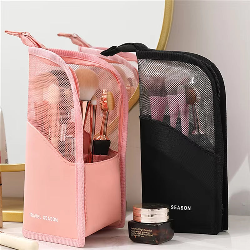 Makeup Brush Case Makeup Brush Holder Travel Waterproof Cosmetic Bag Stand-Up Foldable Makeup Cup with Zipper (Black + Pink)