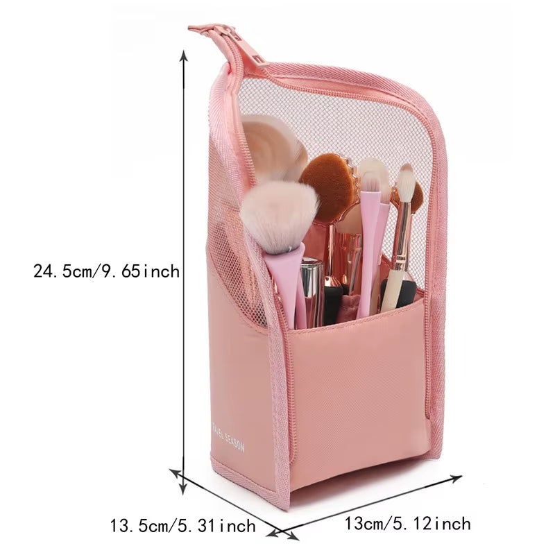 Makeup Brush Case Makeup Brush Holder Travel Waterproof Cosmetic Bag Stand-Up Foldable Makeup Cup with Zipper (Black + Pink)