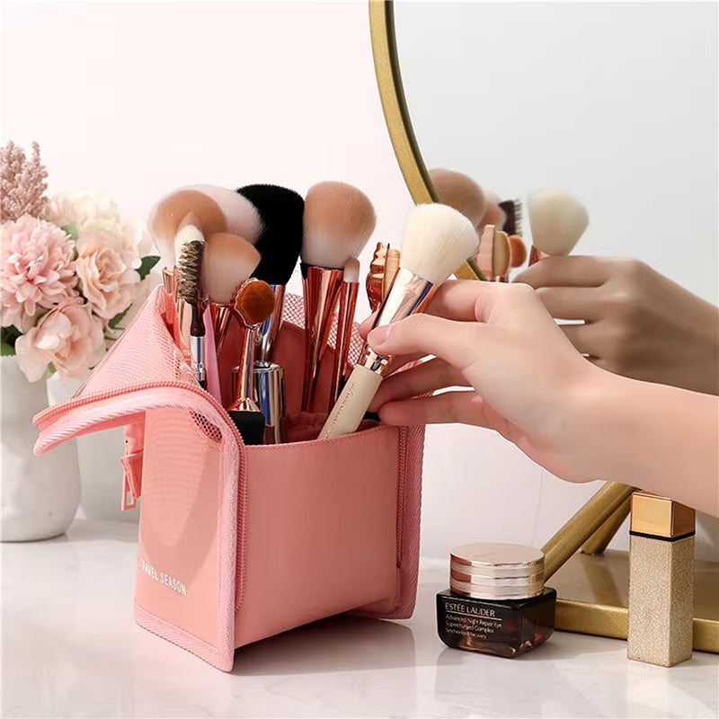 Makeup Brush Case Makeup Brush Holder Travel Waterproof Cosmetic Bag Stand-Up Foldable Makeup Cup with Zipper (Black + Pink)