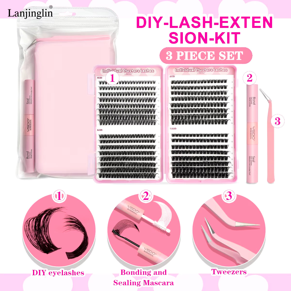 New Individual Lashes Set Natural Long DIY Cluster Lashes Kit with Glue and Tweezer Extensions Eyelashes Make up Tools Faux Cils