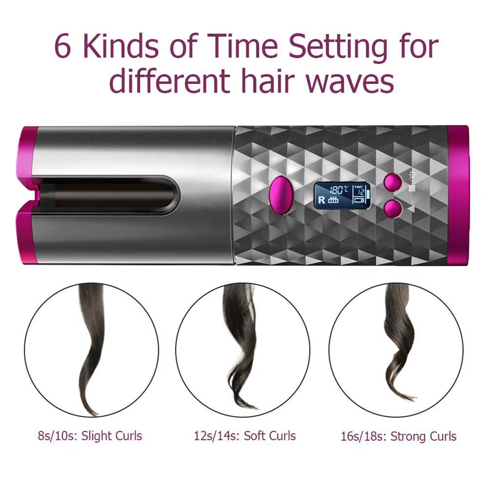 Cordless Automatic Curling Iron Hair Curler Portable Rechargeable Lazy Hair Curler LCD Display Ceramic Curly Rotating Wave Styer